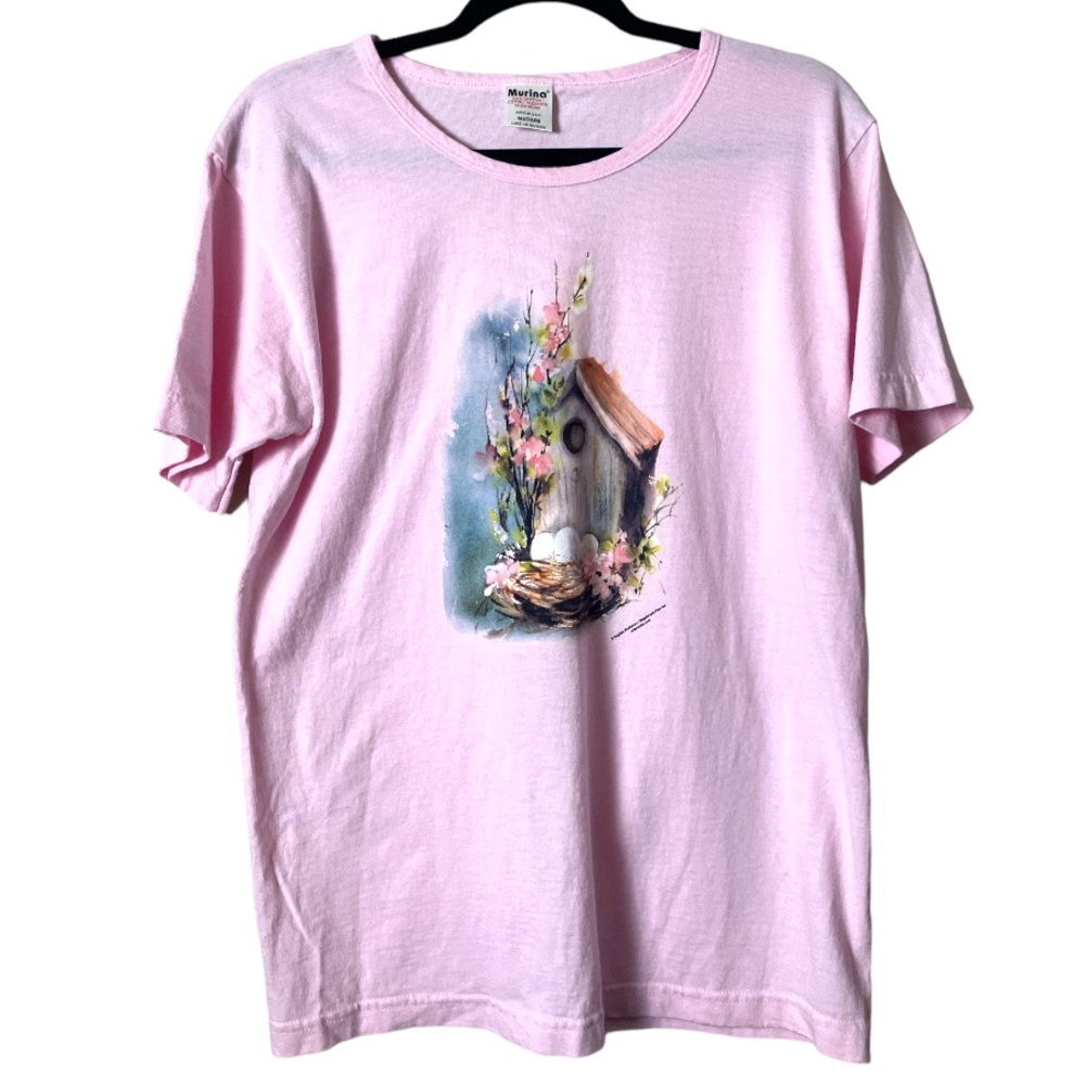 Vintage Tee Graphic Pink Cotton birdhouse floral Grandmacore women’s size XL